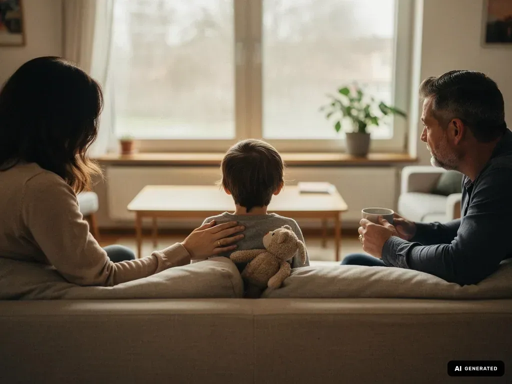 Eltern sitzen mit ihrem Kind und einem Teddy auf dem Sofa und führen ein ruhiges Gespräch im Wohnzimmer. (mit KI erstellt)