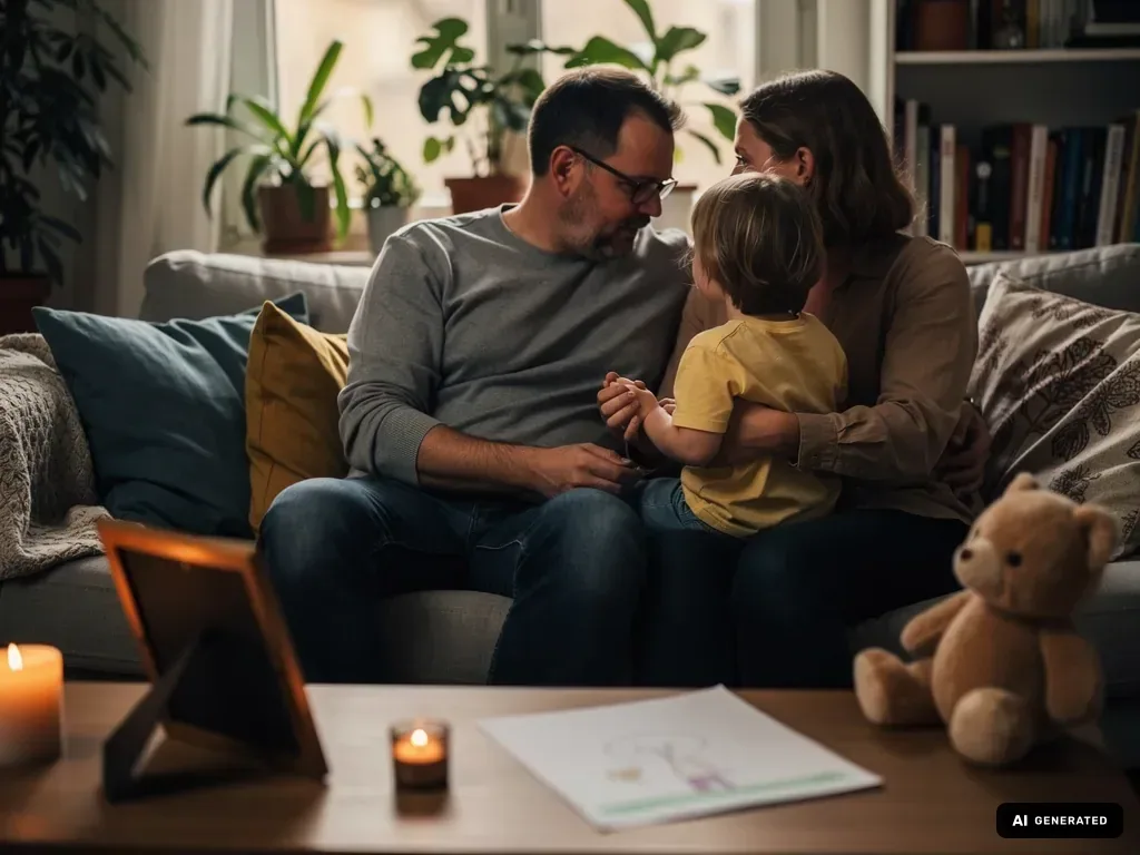 Eltern sitzen mit Kind eng umarmt auf dem Sofa, davor Kerzen, Bilderrahmen und Kuscheltier im Wohnzimmer.