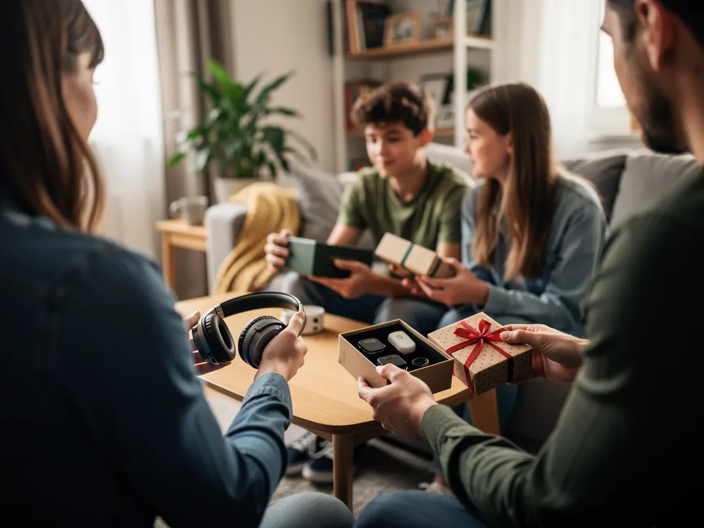 Familie im Wohnzimmer überreicht Teenagern Geschenkboxen und Kopfhörer am Couchtisch.