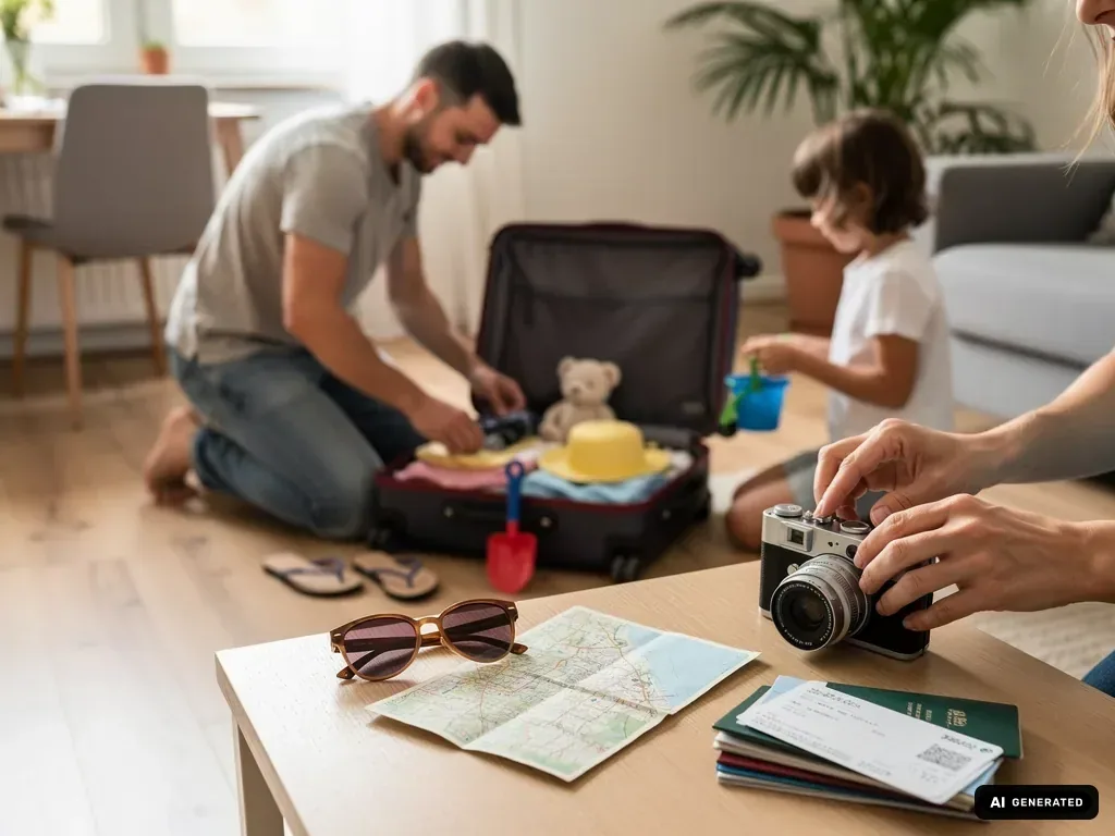 Familie packt im Wohnzimmer einen Koffer, Kind hält Strandspielzeug, auf dem Tisch liegen Karte, Sonnenbrille und Pässe. (mit KI erstellt)