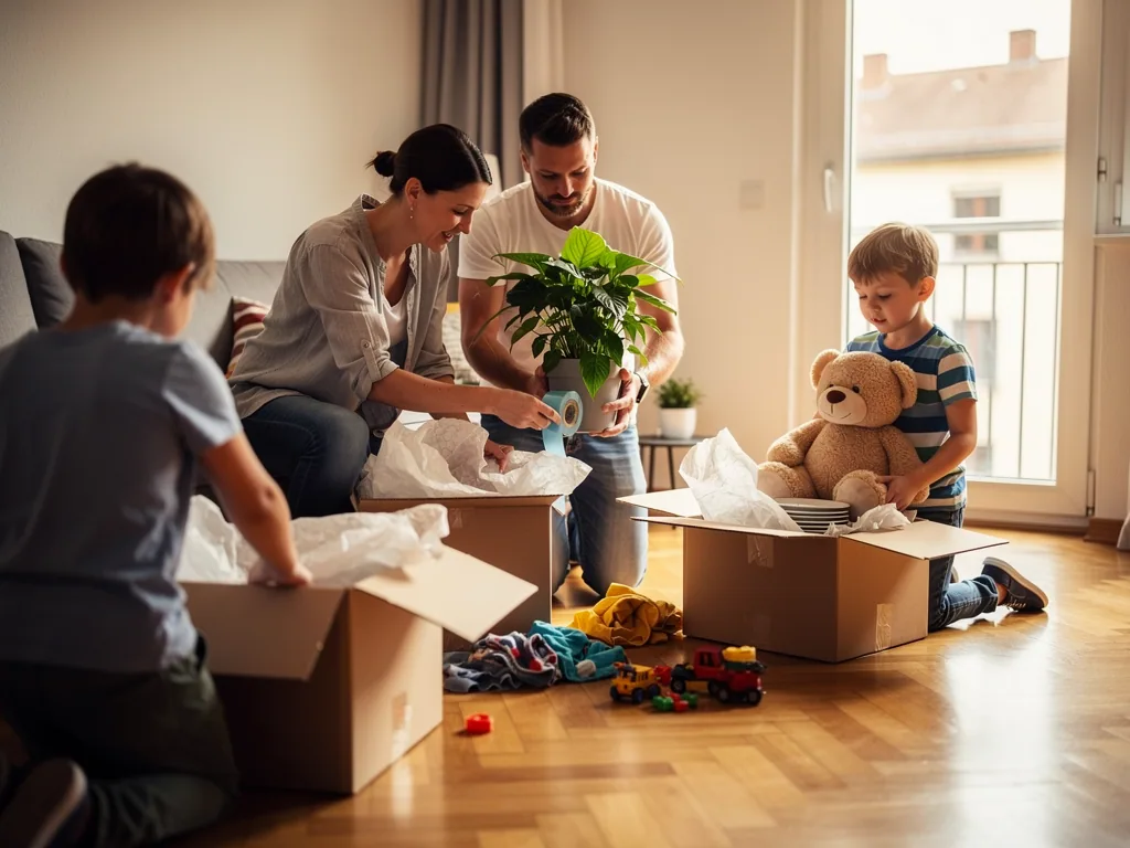 Familie packt Umzugskartons im Wohnzimmer, ein Kind hält einen Teddy, Eltern verpacken eine Zimmerpflanze.