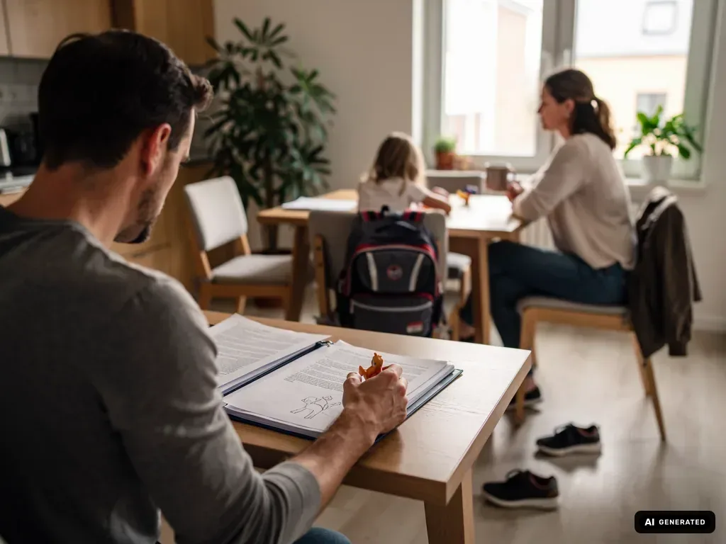 Mann liest Unterlagen am Tisch, im Hintergrund sitzen Frau und Kind mit Schulranzen in der Küche.