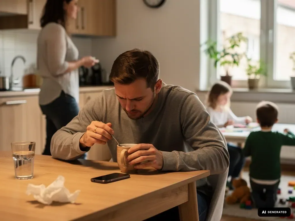 Trauriger Mann sitzt mit Tasse am Küchentisch, daneben Handy und Taschentuch, im Hintergrund Familie. (mit KI erstellt)