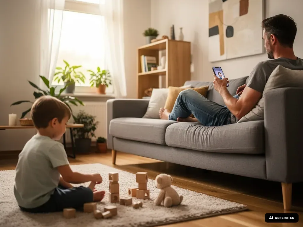 Vater auf dem Sofa schaut auf ein Smartphone, während sein Kind im Wohnzimmer mit Bauklötzen spielt.