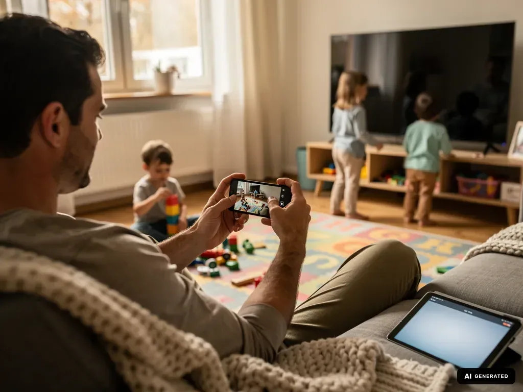 Vater fotografiert drei spielende Kinder im Wohnzimmer mit dem Smartphone.