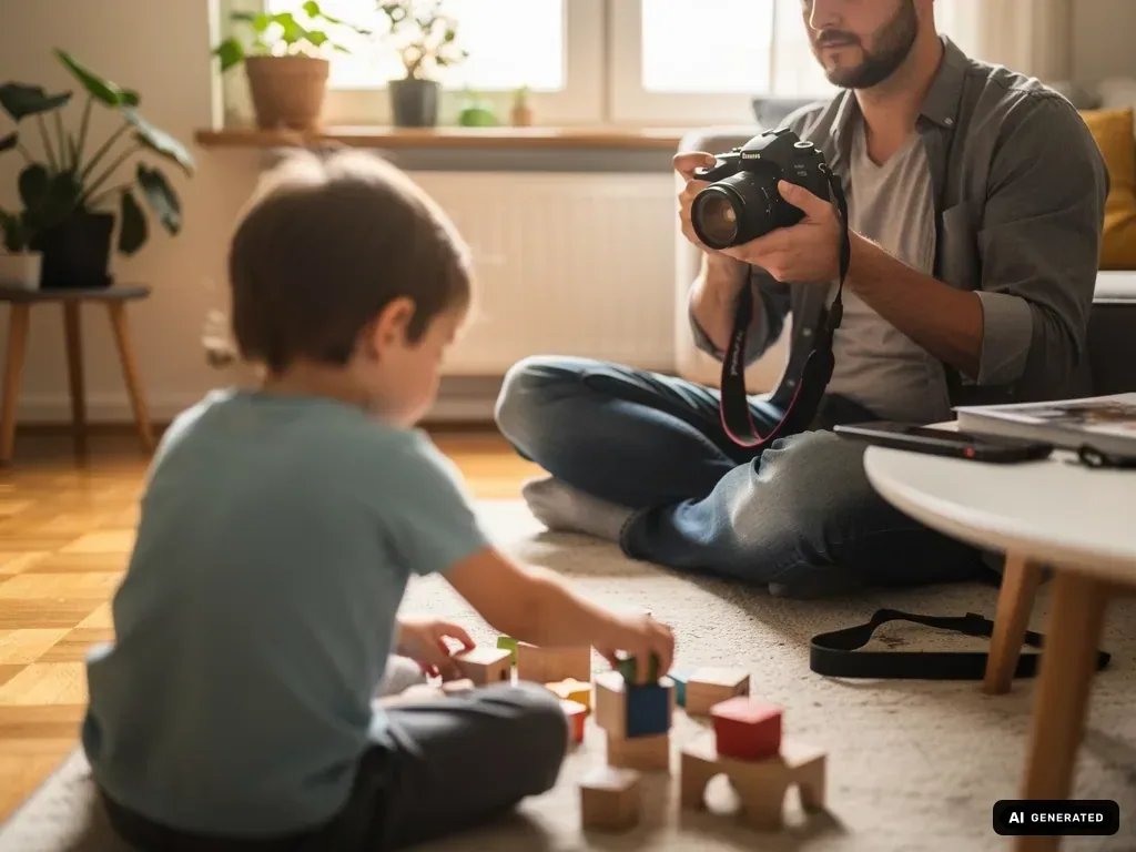Vater fotografiert sein Kind beim Spielen mit Bauklötzen im hellen Wohnzimmer.