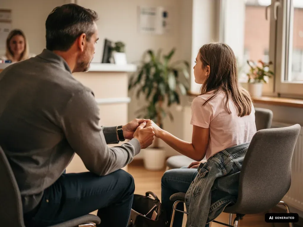 Vater hält die Hand seiner Tochter im Wartezimmer einer Frauenarztpraxis.