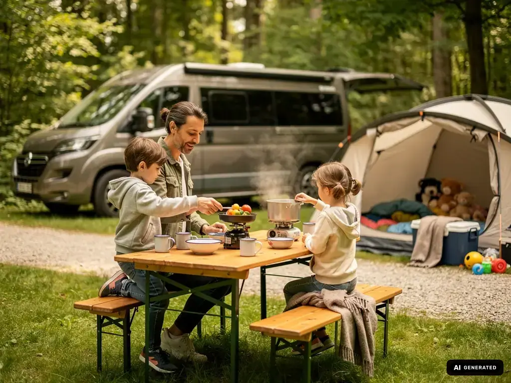 Vater kocht mit zwei Kindern am Campingtisch vor Wohnmobil und Zelt auf einem Waldcampingplatz.