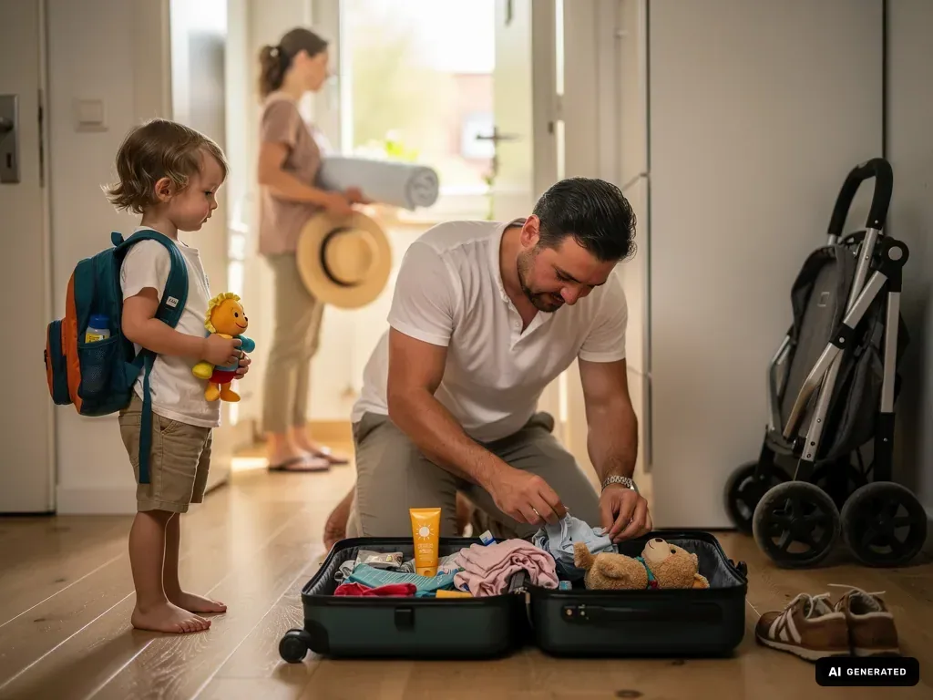 Vater packt einen Koffer, während ein Kind mit Rucksack und Kuscheltier danebensteht; Kinderwagen im Flur.