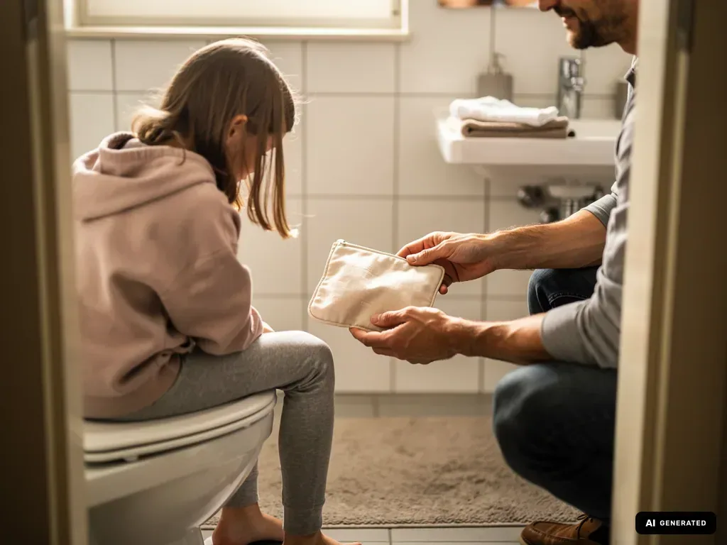 Vater reicht seiner Tochter im Bad eine kleine Stofftasche mit Menstruationsartikeln.