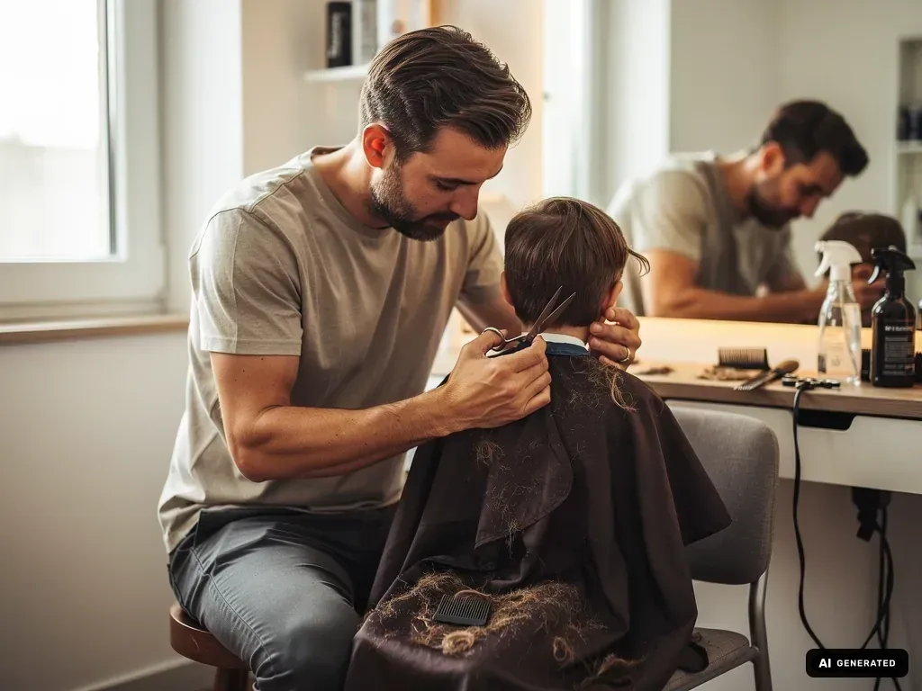 Vater schneidet einem Kleinkind im Friseursalon die Haare, während das Kind mit Umhang auf einem Stuhl sitzt.
