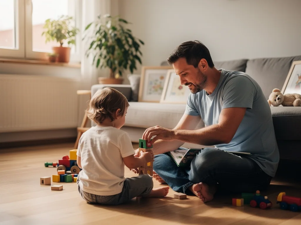 Vater sitzt mit Kleinkind im Wohnzimmer auf dem Boden und spielt mit bunten Holzbausteinen.