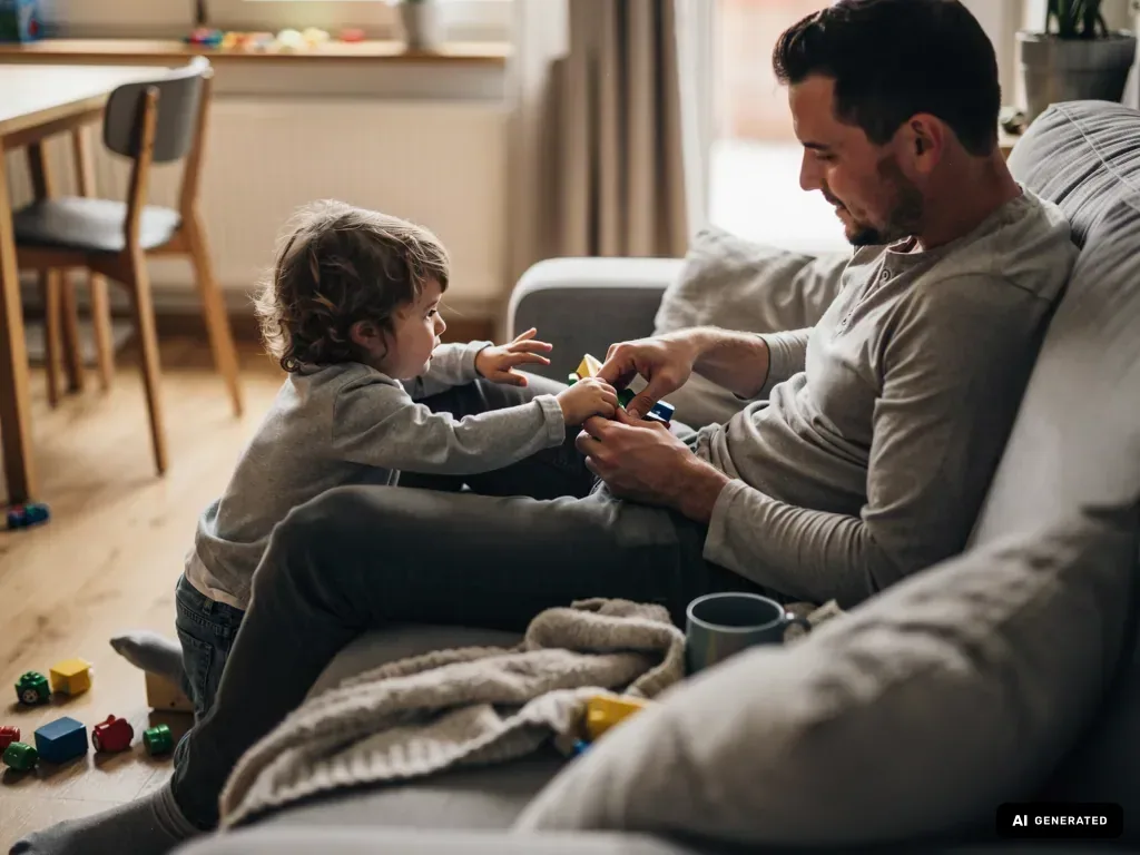 Vater spielt mit Kleinkind auf dem Sofa mit bunten Bausteinen im Wohnzimmer.