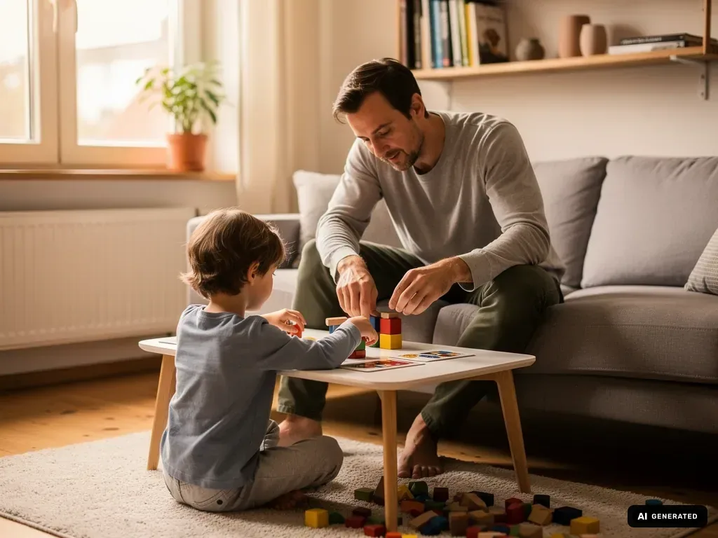 Vater und Kind spielen im Wohnzimmer gemeinsam mit bunten Bauklötzen an einem kleinen Tisch.