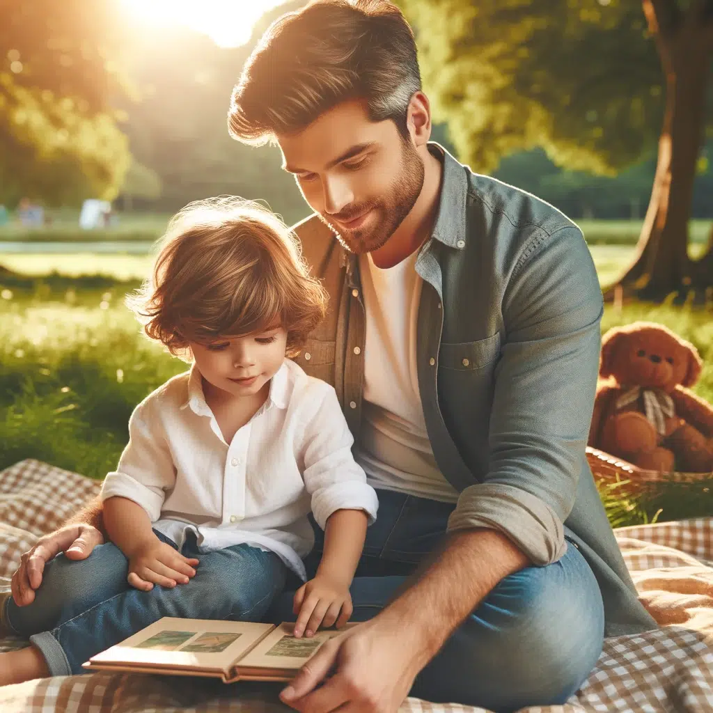 Bild eines Vaters mit seinem Kind im Park, beim Sonnenschein und gemeinsaen Buch Lesen